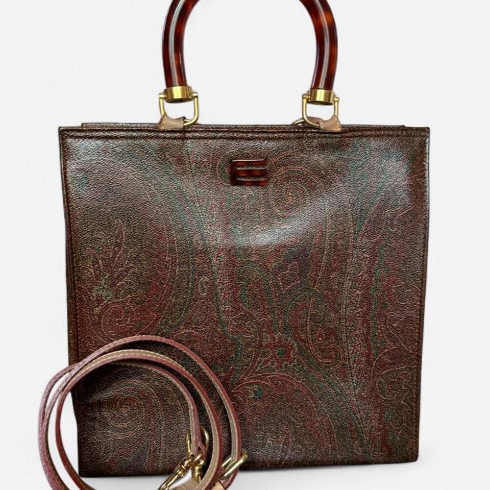 Vintage Etro Milano Paisley Coated Canvas Tote Bag Tortoiseshell Handles Italy